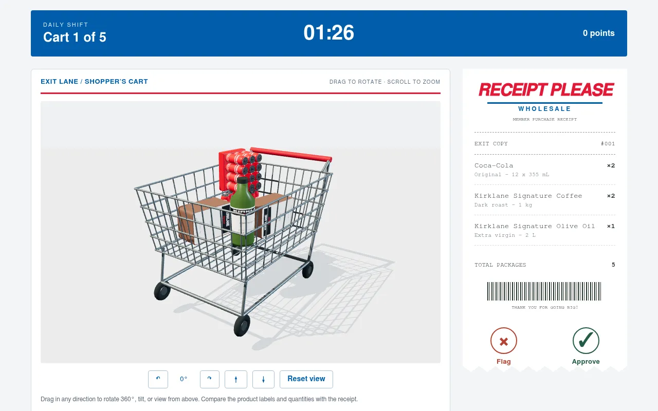 Receipt Please! daily shift, cart 1 of 5: a 3D shopping cart of cola packs, coffee and olive oil beside its receipt with Flag and Approve buttons