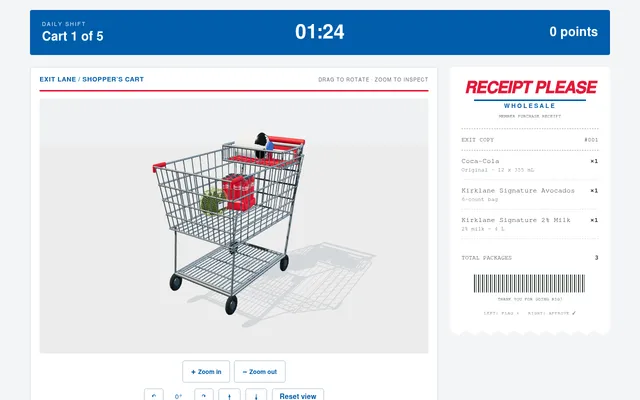 Receipt Please! daily shift of 27 October 2026, cart 1 of 5: a 3D cart with Coca-Cola, avocados and milk beside a three-line receipt, 01:24 left