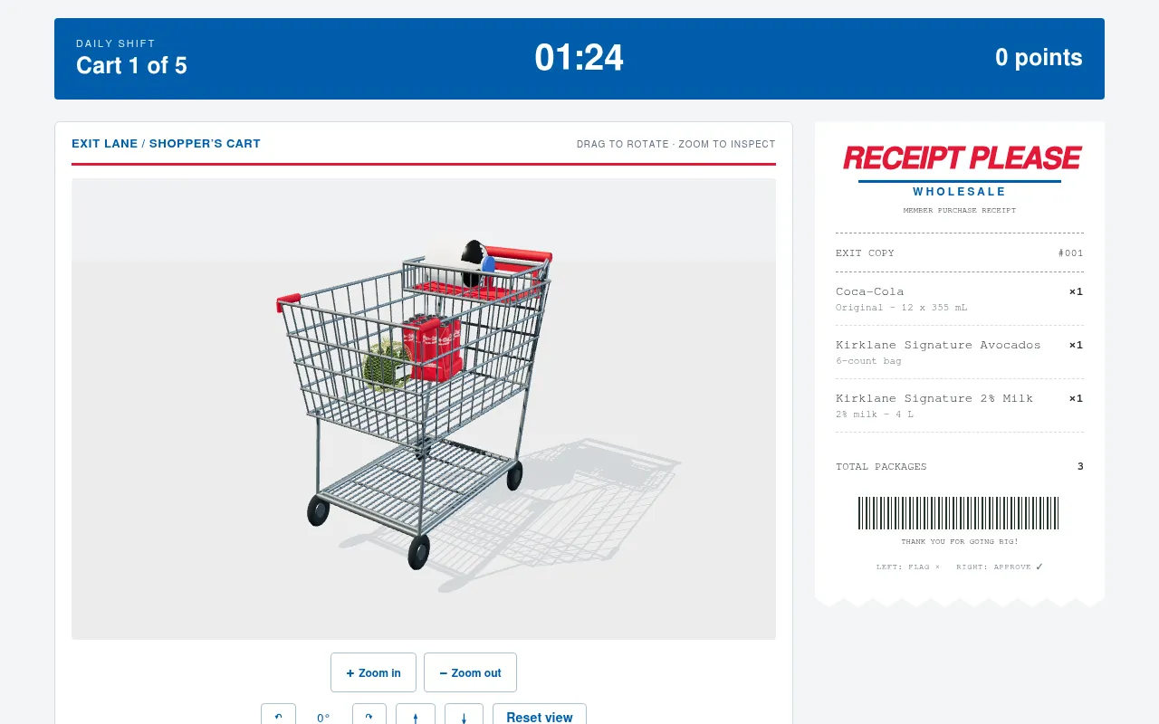 Receipt Please! daily shift of 27 October 2026, cart 1 of 5: a 3D cart with Coca-Cola, avocados and milk beside a three-line receipt, 01:24 left