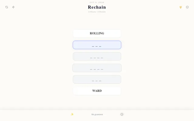 Rechain for 5 October 2026: ROLLING at the top, WARD at the bottom and four empty word slots between them