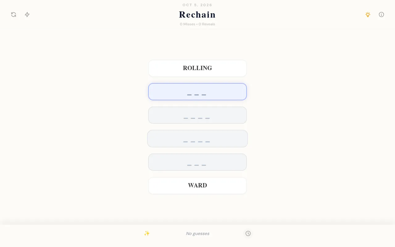 Rechain for 5 October 2026: ROLLING at the top, WARD at the bottom and four empty word slots between them