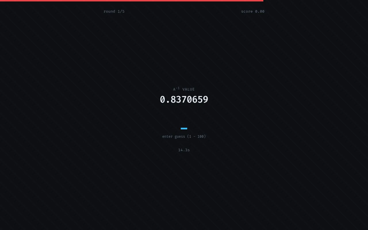 A Reciprocal daily round: the A⁻¹ value 0.8370659 in large type, an empty guess field for a number from 1 to 100 and a 14-second timer