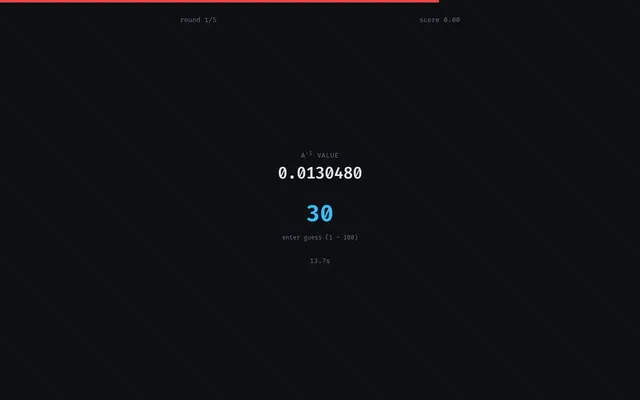 Round 1 of the Reciprocal daily for 18 October 2026 on a desktop: the A⁻¹ value 0.0130480 with a typed guess of 30 and the timer at 13.7 seconds