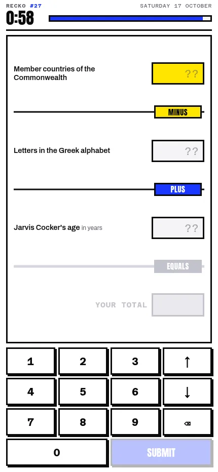 RECKO puzzle 27 on a phone: Commonwealth members minus Greek letters plus Jarvis Cocker's age, with the number pad below