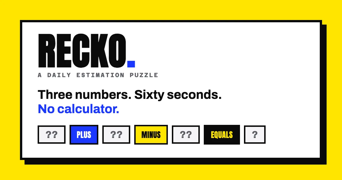 The RECKO card: Three numbers. Sixty seconds. No calculator, with a ?? plus ?? minus ?? equation