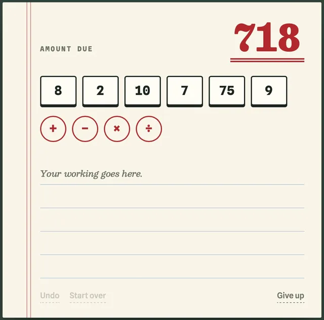 Reckon ledger with the amount due 718, six figure cards (8, 2, 10, 7, 75, 9) and the four operation buttons