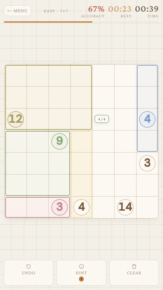 A Rect! puzzle in progress on a 7x7 grid: coloured rectangles drawn around the clues 12, 9, 4 and 3, with the timer, accuracy and Undo, Hint and Clear buttons