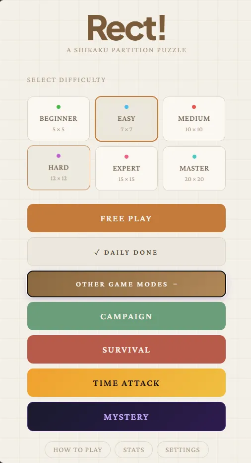 Rect! menu with six difficulty sizes from Beginner 5x5 to Master 20x20, a Daily Done button and Campaign, Survival, Time Attack and Mystery modes