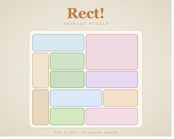 Rect! cover art: a grid fully divided into pastel rectangles under the title Rect! Shikaku Puzzle
