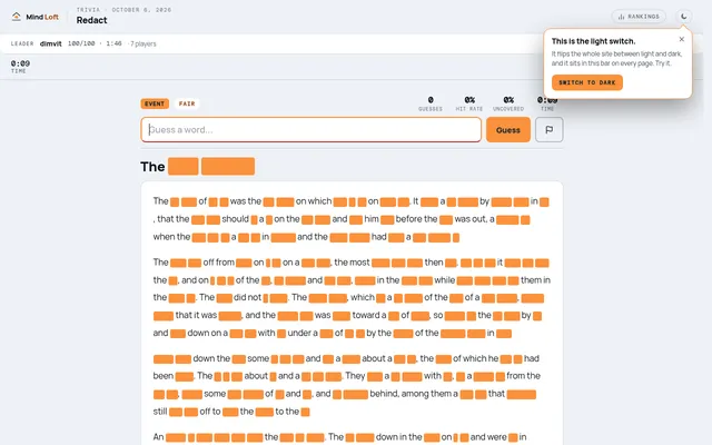 Redact on Mind Loft for October 6, 2026: an Event article rated Fair with its title and nearly every word hidden under orange blocks, the word guess box and counters for guesses, hit rate, share uncov