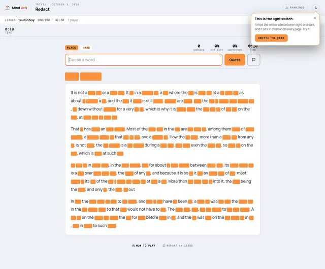 Redact on Mind Loft for October 3, 2026: a Place article rated Hard with nearly every word covered by orange blocks, a word guess box and counters for guesses, hit rate and share uncovered