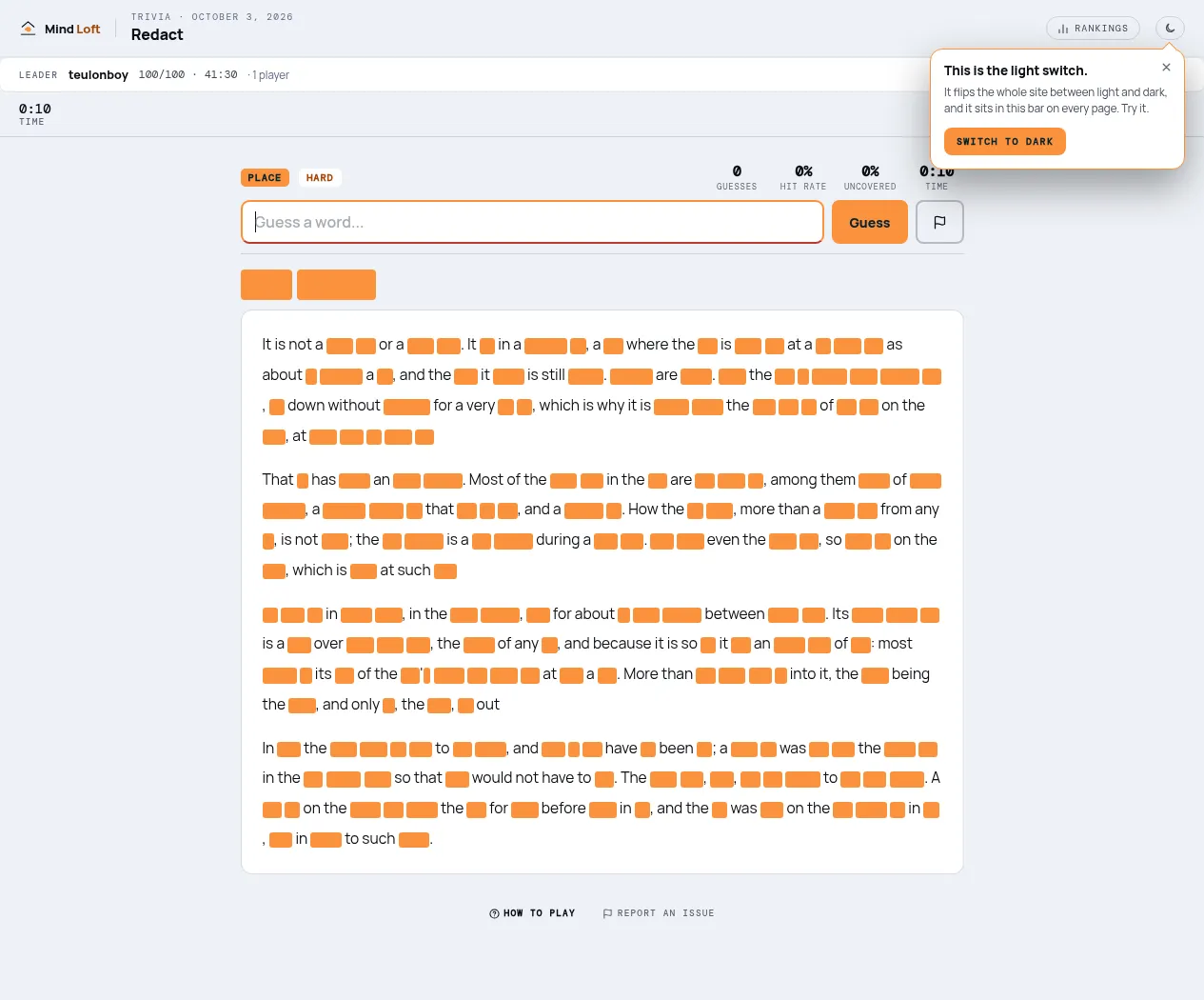 Redact on Mind Loft for October 3, 2026: a Place article rated Hard with nearly every word covered by orange blocks, a word guess box and counters for guesses, hit rate and share uncovered