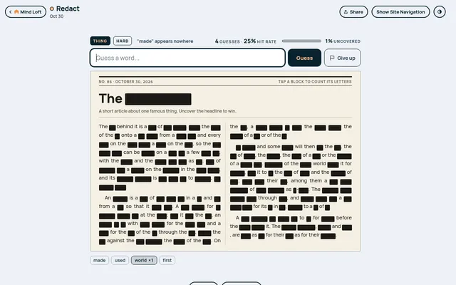 Redact No. 86 for October 30, 2026 on desktop: a Thing rated Hard, its headline and article under black blocks, with four guesses made and 1% uncovered