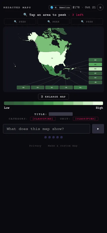 Redacted Maps #178 at phone size: the North America map in greens, the low to high scale, the hidden title and the guess box