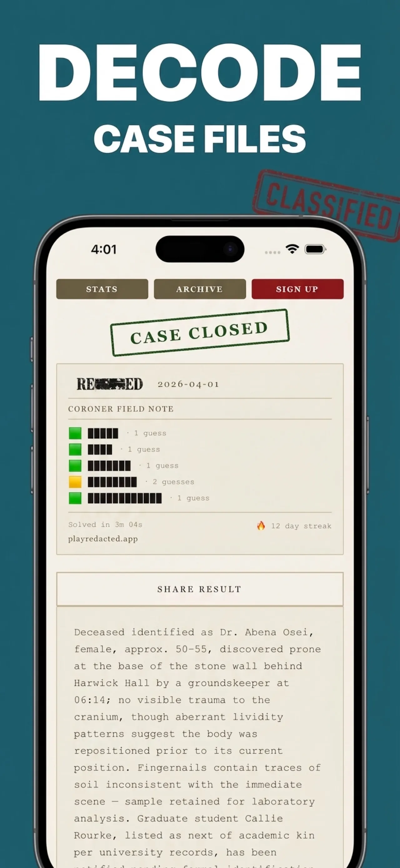 Redacted on iPhone: a solved coroner's field note with five restored words and a streak