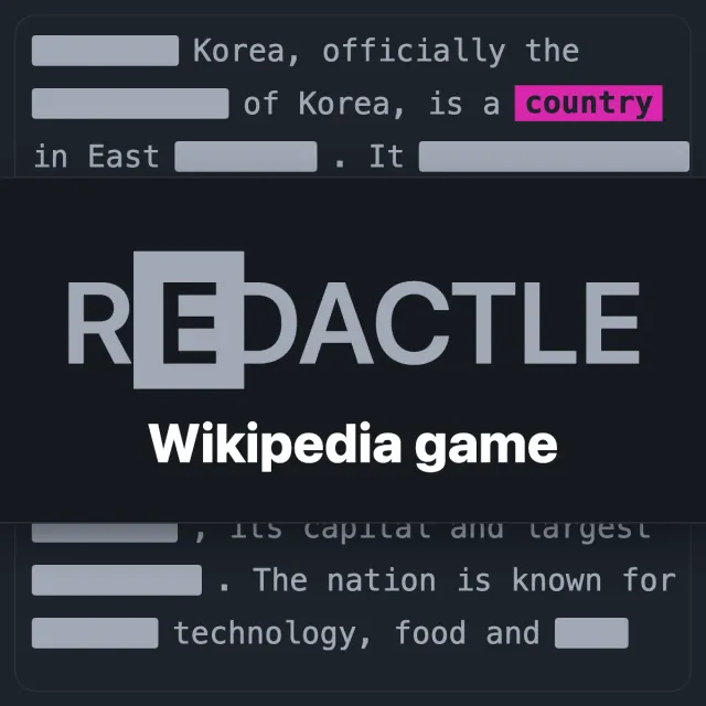The Redactle logo over a partly redacted article about Korea, with the word country revealed