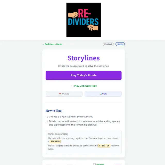 The Storylines home page by Redividers: the tagline Divide the source word to solve the sentence, a Play Todays Puzzle button, an Untimed mode option, Archives and Stats buttons, and a How to Play sec