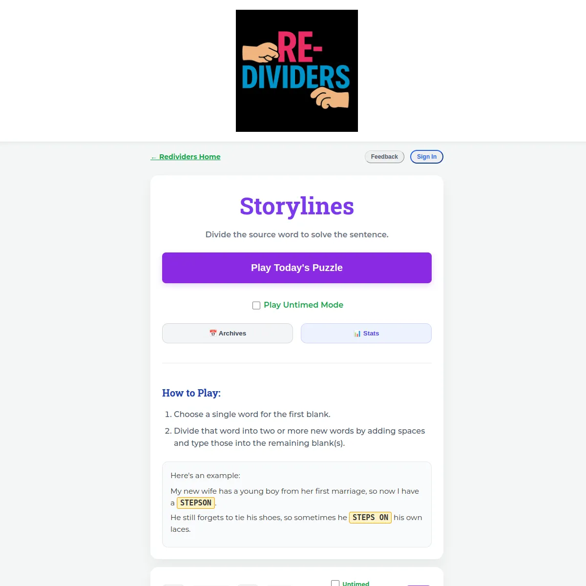 The Storylines home page by Redividers: the tagline Divide the source word to solve the sentence, a Play Todays Puzzle button, an Untimed mode option, Archives and Stats buttons, and a How to Play sec