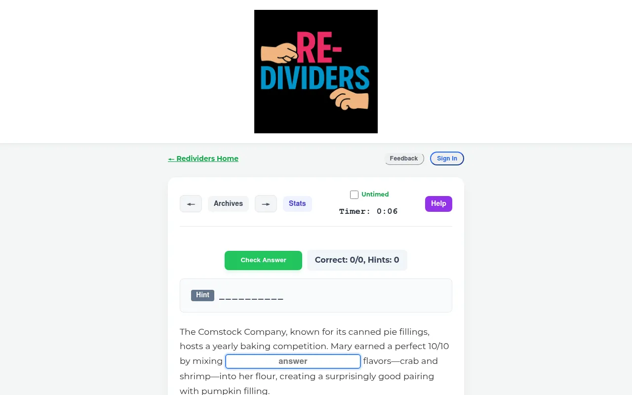 An earlier Storylines puzzle on a desktop: the Redividers logo above a story about a baking contest with one answer box, the hint line and the timer