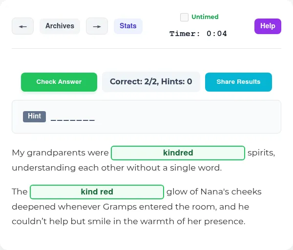 The same Storylines puzzle solved: KINDRED in the first box and KIND RED in the second, both green, with Correct 2/2 and a Share Results button