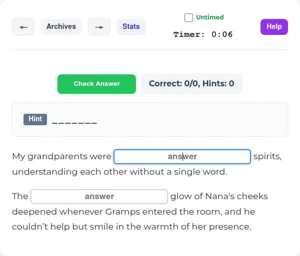 Storylines board for 18 October 2026: two sentences about grandparents with empty answer boxes, a seven-letter hint line, the timer, Check Answer, Archives and Stats