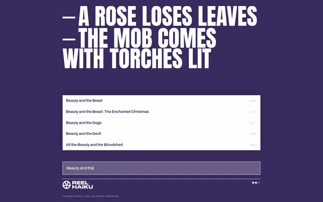 Today's first Reel Haiku puzzle on 22 October 2026: two haiku lines in large type, 'A rose loses leaves' and 'The mob comes with torches lit', above the film title list for a typed guess