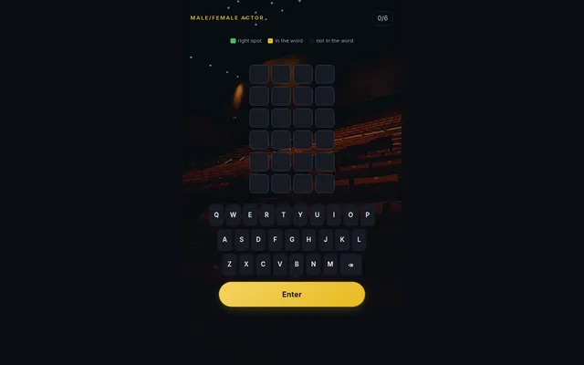 Today's Reeldle Daily Word board on 20 October 2026: the hint Male/Female Actor, six empty rows of four tiles, an on-screen keyboard and a yellow Enter button
