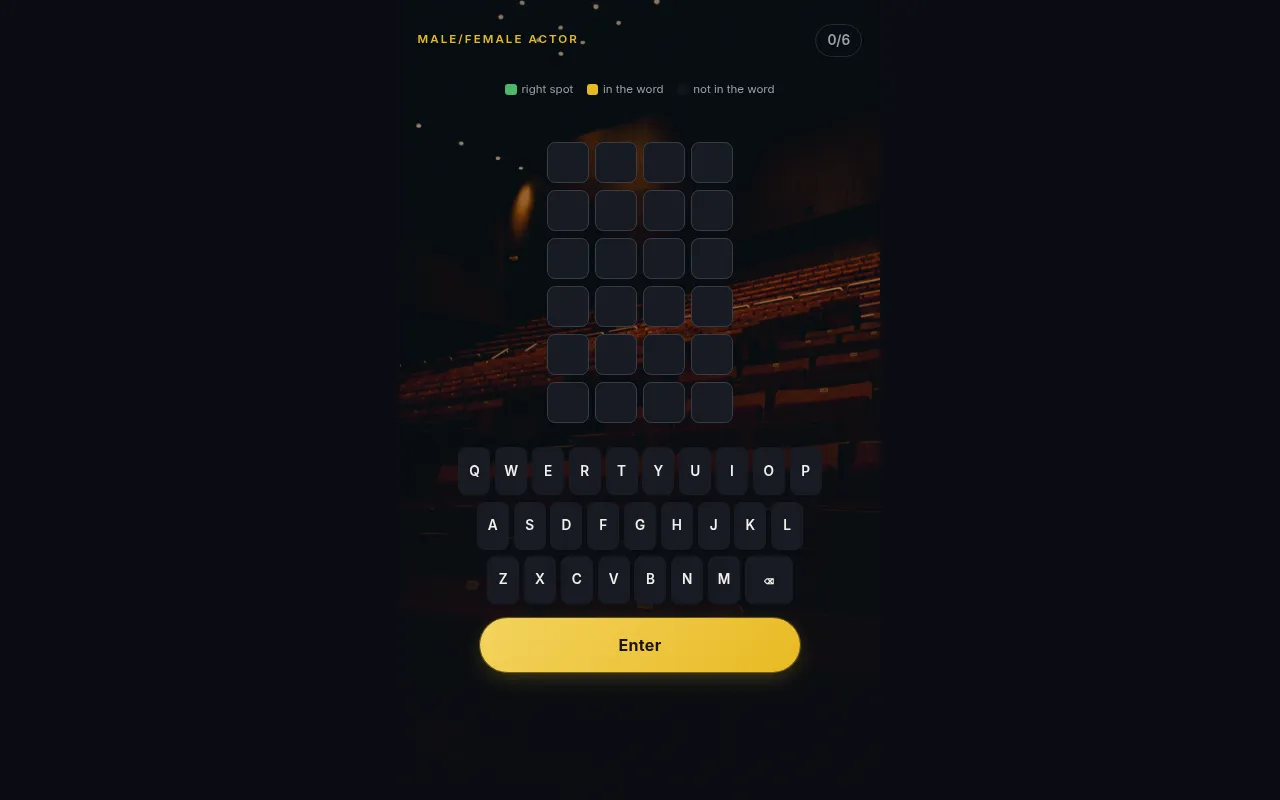 Today's Reeldle Daily Word board on 20 October 2026: the hint Male/Female Actor, six empty rows of four tiles, an on-screen keyboard and a yellow Enter button