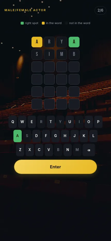 Reeldle Daily Word at phone size after two guesses: ARYA with a yellow A and a green A, then SIMB in dark tiles, and the keyboard coloured to match