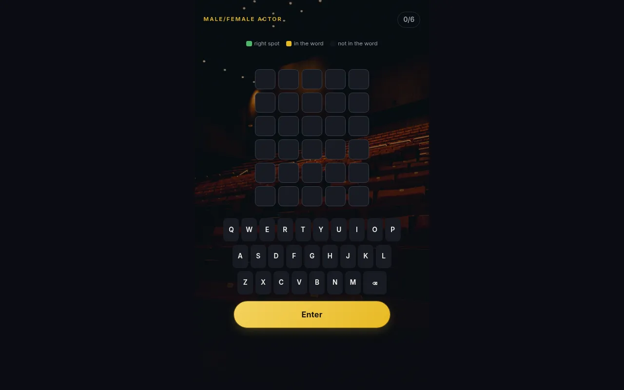 Reeldle's Daily Word board with the hint Male/Female Actor, six empty rows of five tiles and an on-screen keyboard