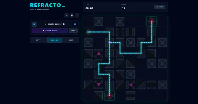 A Refracto board in play: a cyan laser beam bouncing between mirrors across a dark tile grid to a lit target core, with moves, time and the Easy, Medium and Hard selector