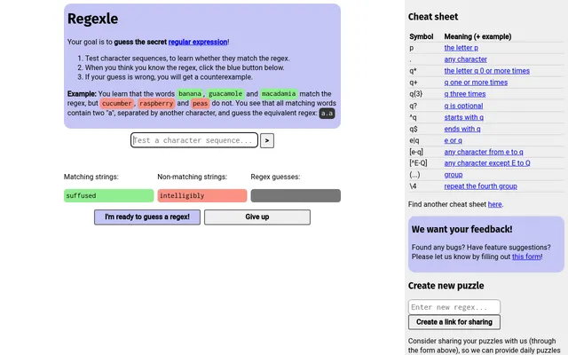 The Regexle page: instructions, a test box, the matching string suffused in green and the non-matching string intelligibly in red, with a regex cheat sheet on the right