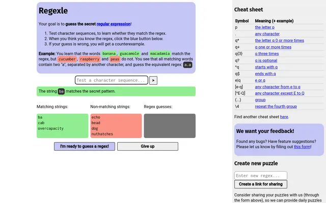 Today's Regexle board on 30 October 2026 at desktop size: test strings sorted into green matches (ba, cab) and red non-matches (dog, bead), with the cheat sheet on the right