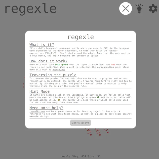 Regexle help panel over the game: a hexagonal regular-expression crossword explained in sections (What is it, How does it work, Traversing the puzzle, Hint Mode), noting rules turn bold green when mat