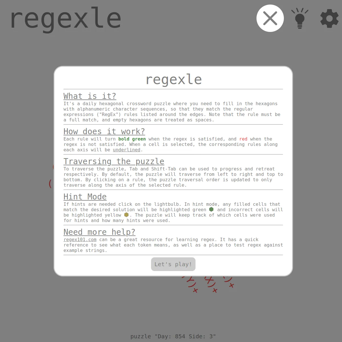 Regexle help panel over the game: a hexagonal regular-expression crossword explained in sections (What is it, How does it work, Traversing the puzzle, Hint Mode), noting rules turn bold green when mat