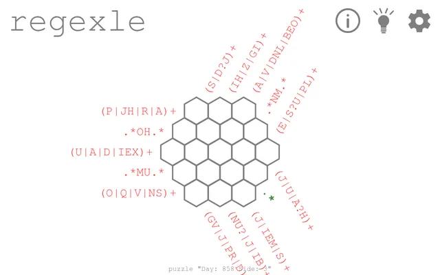 Regexle puzzle for day 858: an empty hexagonal grid with side 3, regular expression rules written along its edges in three directions