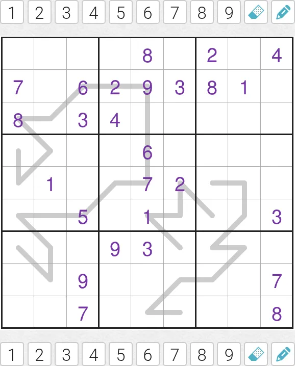 Today's Medium RegionSum Line Sudoku on PuzzleMadness for 3 October 2026: a 9x9 grid with grey lines crossing the box borders and purple given digits