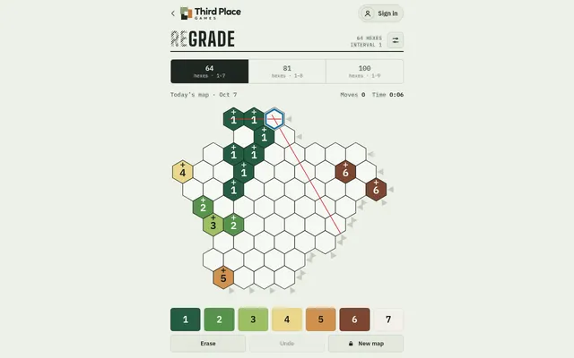 Regrade's 64-hex daily map for Oct 7: an irregular hex board, mostly empty, with fixed heights 1 to 6 in terrain colours, a red row and column guide, and a 1 to 7 height bar