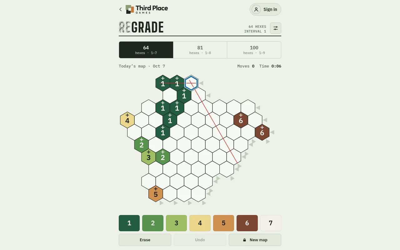 Regrade's 64-hex daily map for Oct 7: an irregular hex board, mostly empty, with fixed heights 1 to 6 in terrain colours, a red row and column guide, and a 1 to 7 height bar