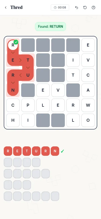Today's Thred on a phone: the word RETURN traced through the letter grid and filled into the first row of answer tiles