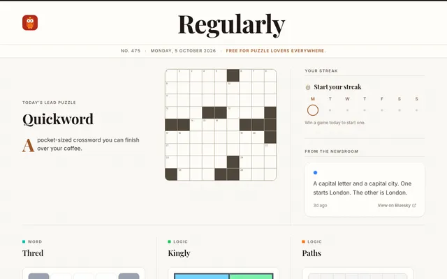 Regularly No. 475 for Monday 5 October 2026: today's lead puzzle Quickword with its empty crossword grid, a streak panel, and Thred, Kingly and Paths below