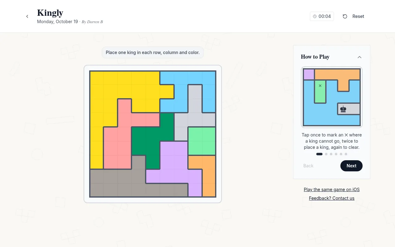 Today's Kingly board on 19 October 2026: a 9 by 9 grid of colour regions, with the how-to panel beside it