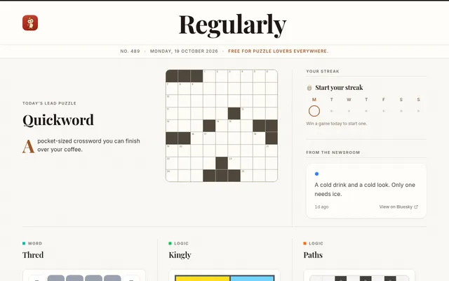 Regularly No. 489 for Monday 19 October 2026: today's lead puzzle Quickword with its empty crossword grid, a streak panel, and Thred, Kingly and Paths below