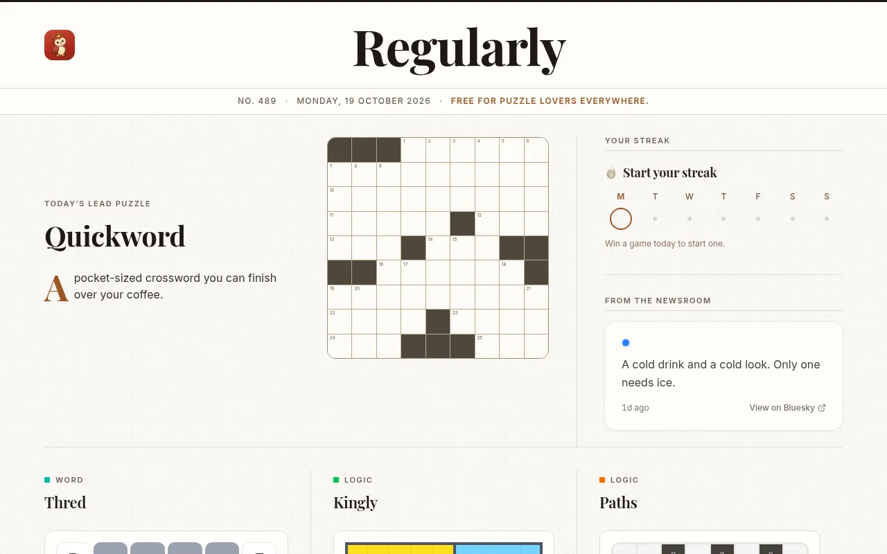 Regularly No. 489 for Monday 19 October 2026: today's lead puzzle Quickword with its empty crossword grid, a streak panel, and Thred, Kingly and Paths below