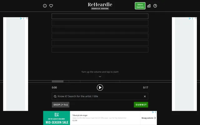 ReHeardle's game screen: six empty guess rows above the song clip player at 0:00 of 0:17, a search box for artist or title, and Skip and Submit buttons