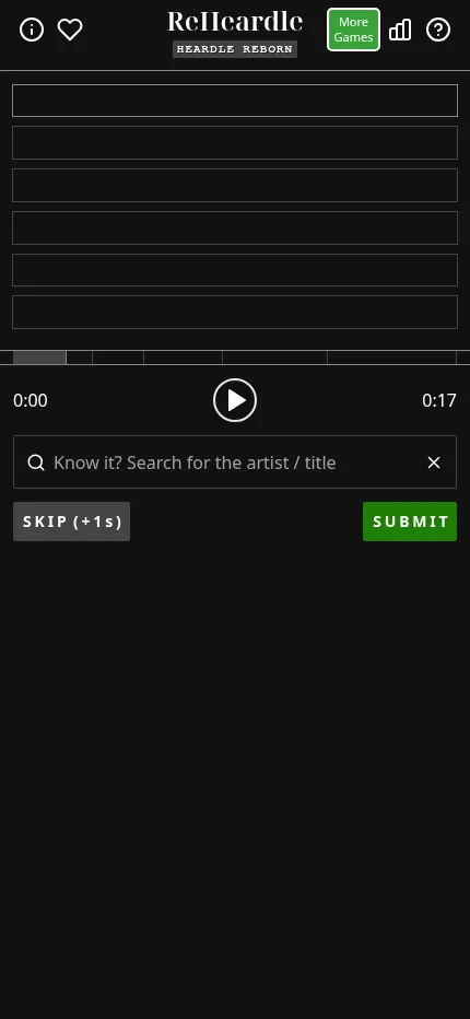 ReHeardle at phone size: the six guess rows, clip player, song search box and Skip and Submit buttons fit in one narrow column