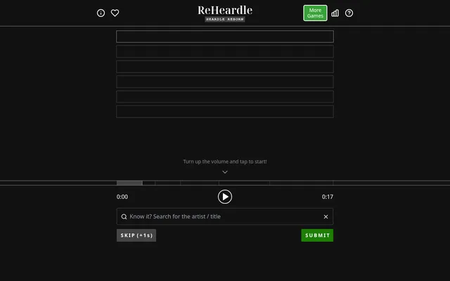 ReHeardle on 22 October 2026 at desktop size: six empty guess rows, the clip bar and play button at 0:00 of 0:17, a search box for artist or title, and Skip (+1s) and Submit buttons
