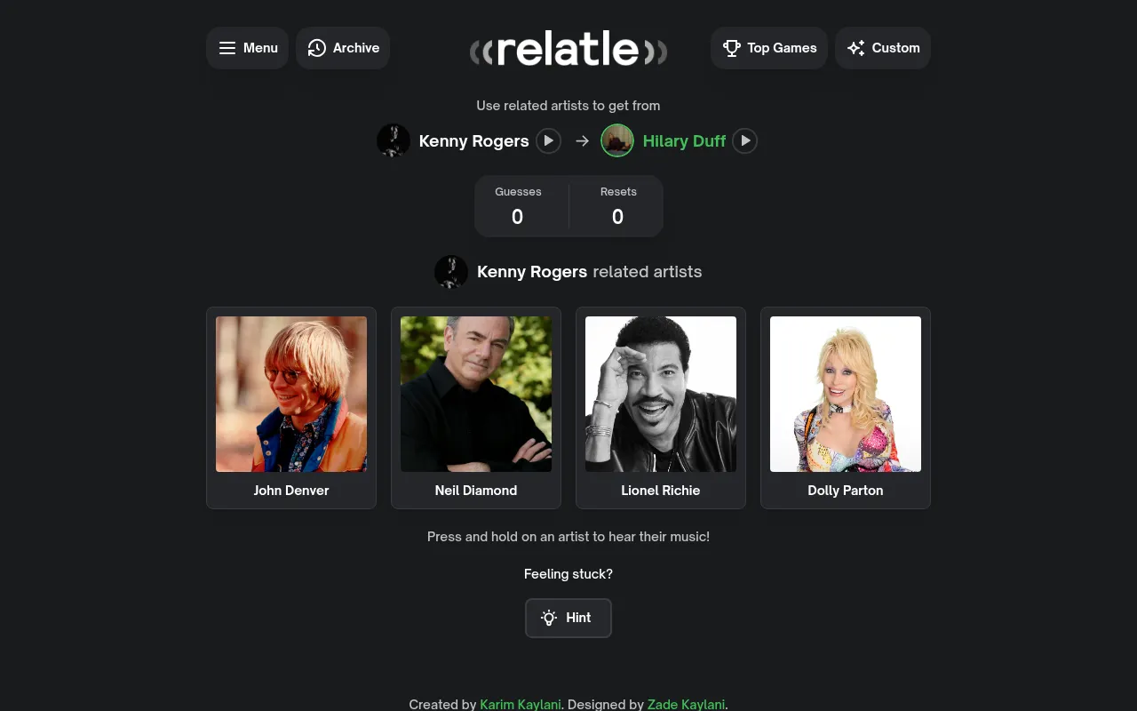 Relatle's board for 29 October 2026: Kenny Rogers to Hilary Duff, with Kenny Rogers' four related artists John Denver, Neil Diamond, Lionel Richie and Dolly Parton as photo tiles