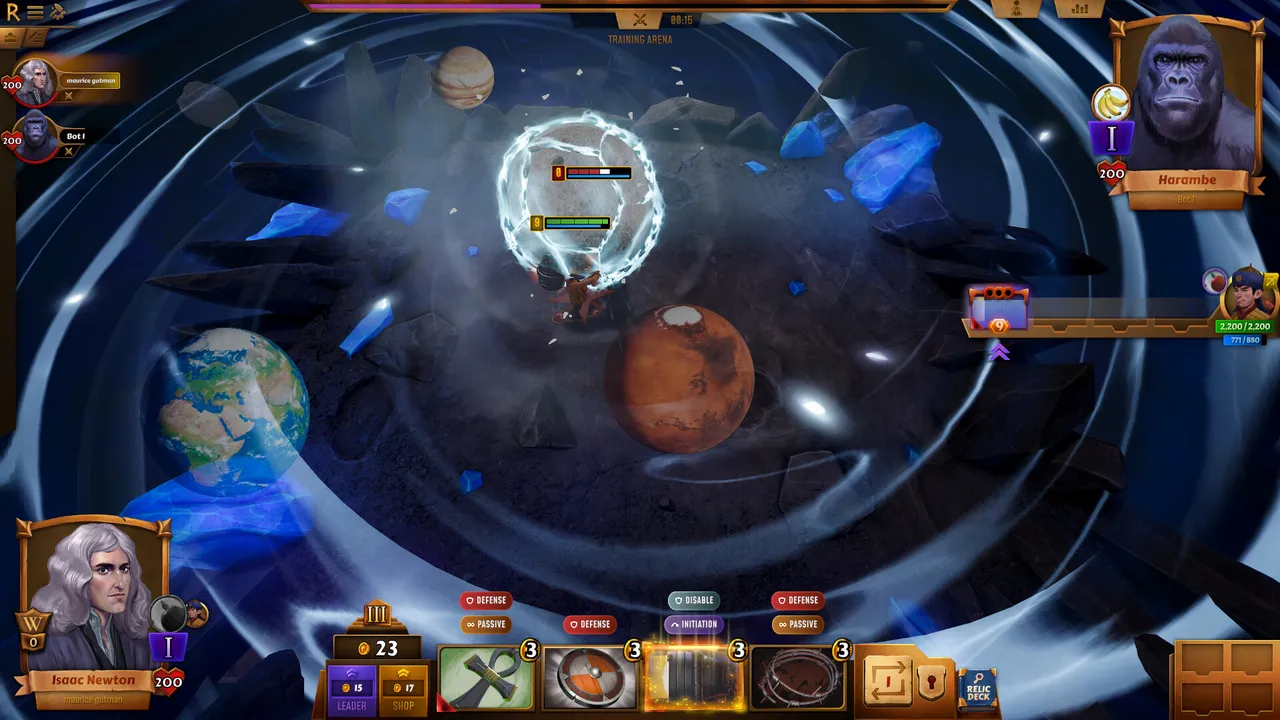 Relic Arena screenshot of an autobattler arena with units and relics