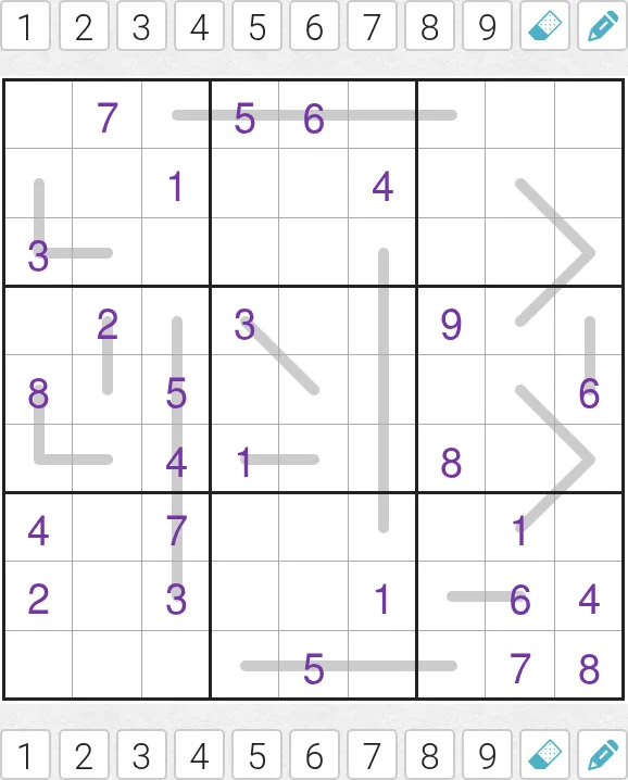 Today's Medium Renban Sudoku on PuzzleMadness for 3 October 2026: a 9x9 grid with grey Renban lines and purple given digits, between rows of number buttons